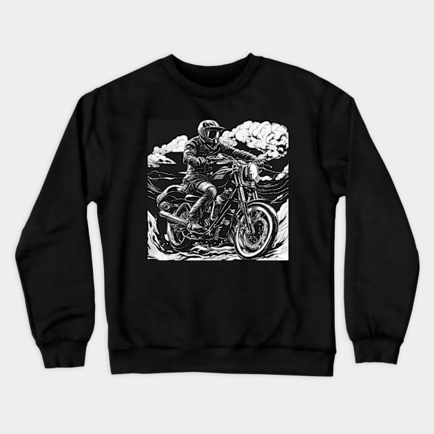 Black White Illustrative Muted Motorcycle Crewneck Sweatshirt by orangedan